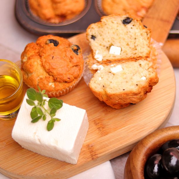 Muffin with Olives, Goat Cheese, and Oregano