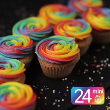 24 Mini Vanilla Cupcakes with Rainbow Frosting